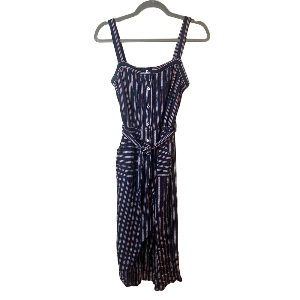 Dex Blue Striped Button Front Belted Strappy Cropped Jumpsuit Size US M MEX M